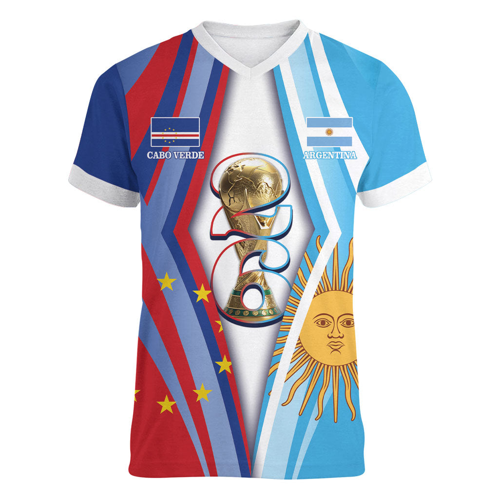 Custom Argentina and Cabo Verde Football 2026 Women V-Neck T-Shirt La Albiceleste Tubaroes Azuis Together