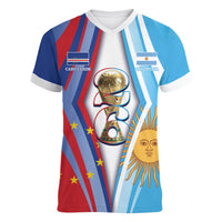 Custom Argentina and Cabo Verde Football 2026 Women V-Neck T-Shirt La Albiceleste Tubaroes Azuis Together