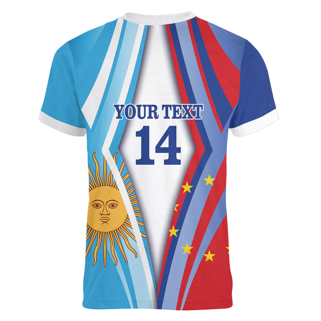 Custom Argentina and Cabo Verde Football 2026 Women V-Neck T-Shirt La Albiceleste Tubaroes Azuis Together