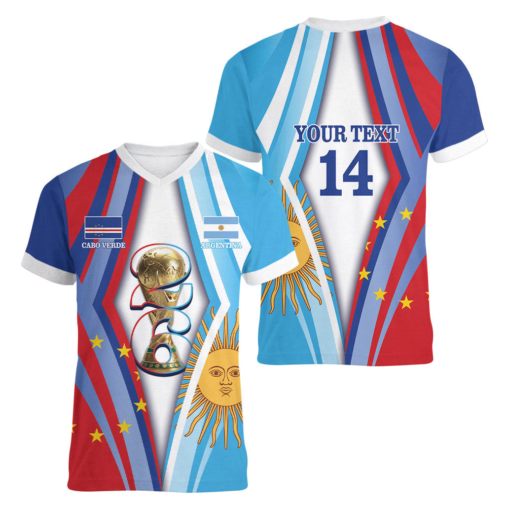Custom Argentina and Cabo Verde Football 2026 Women V-Neck T-Shirt La Albiceleste Tubaroes Azuis Together