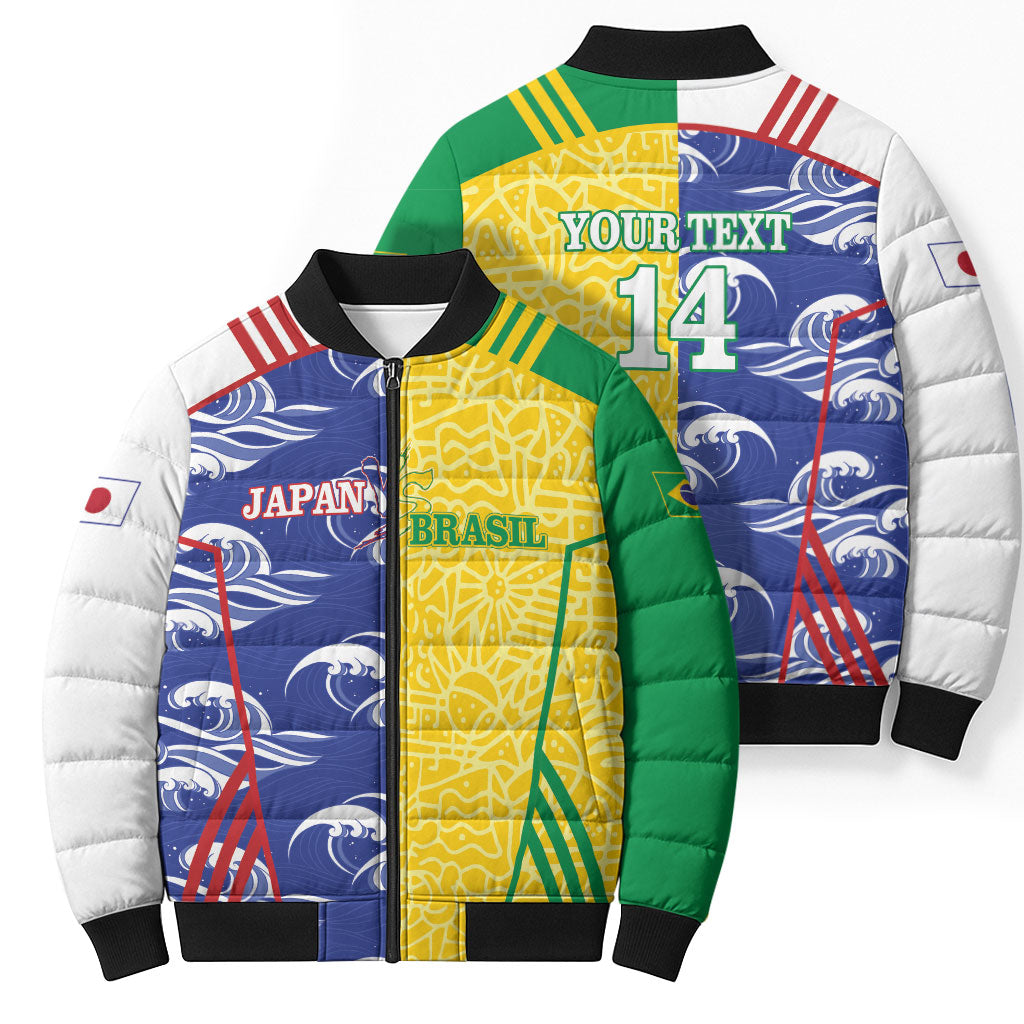Custom Brazil and Japan Football 2026 Bomber Puffer Jacket Selecao Samurai Blue Together