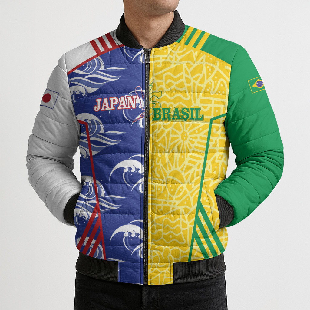 Custom Brazil and Japan Football 2026 Bomber Puffer Jacket Selecao Samurai Blue Together