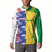Custom Brazil and Japan Football 2026 Button Sweatshirt Selecao Samurai Blue Together