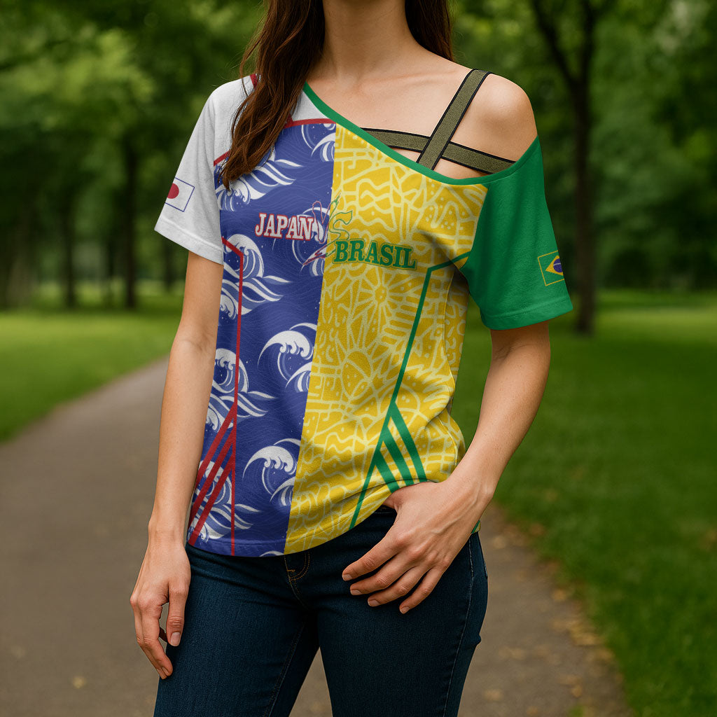 Custom Brazil and Japan Football 2026 Cross Shoulder Shirt Selecao Samurai Blue Together