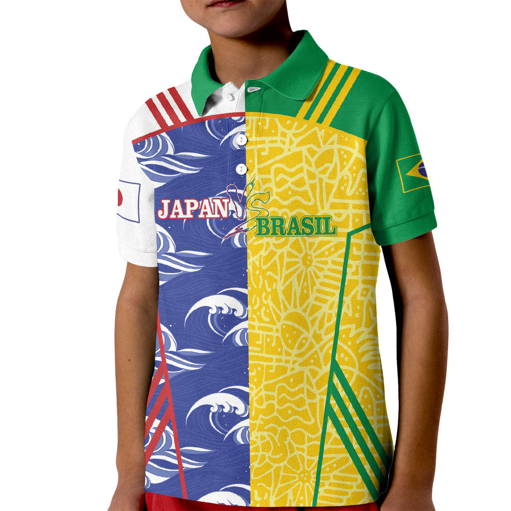 Custom Brazil and Japan Football 2026 Kid Polo Shirt Selecao Samurai Blue Together