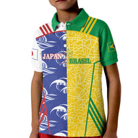 Custom Brazil and Japan Football 2026 Kid Polo Shirt Selecao Samurai Blue Together