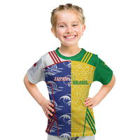 Custom Brazil and Japan Football 2026 Kid T Shirt Selecao Samurai Blue Together