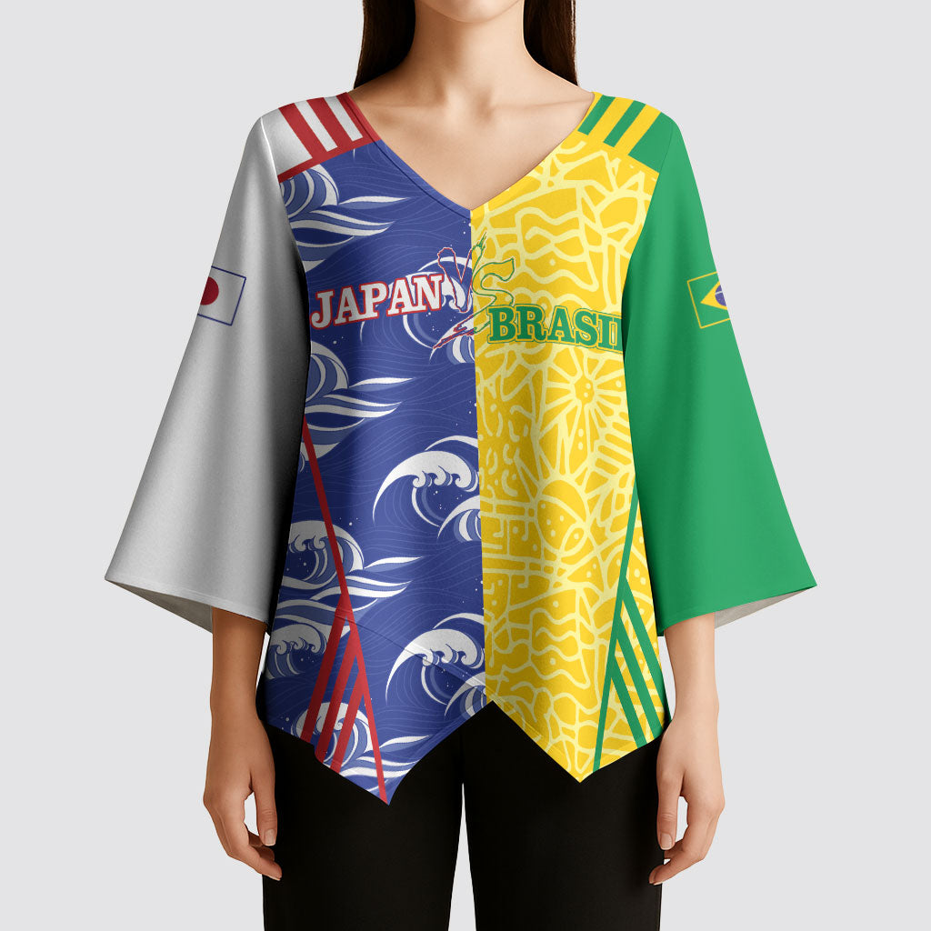 Custom Brazil and Japan Football 2026 Kimono Sleeve Blouse Selecao Samurai Blue Together