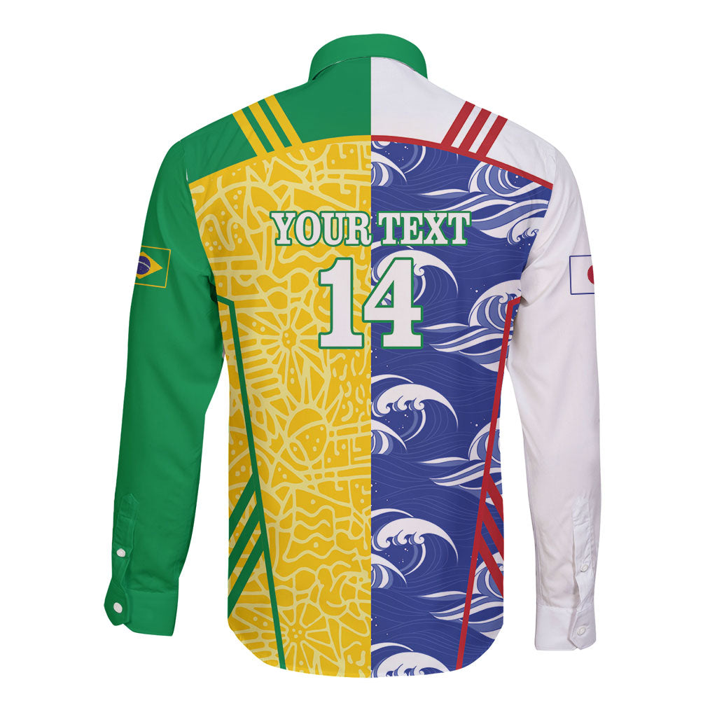 Custom Brazil and Japan Football 2026 Long Sleeve Button Shirt Selecao Samurai Blue Together