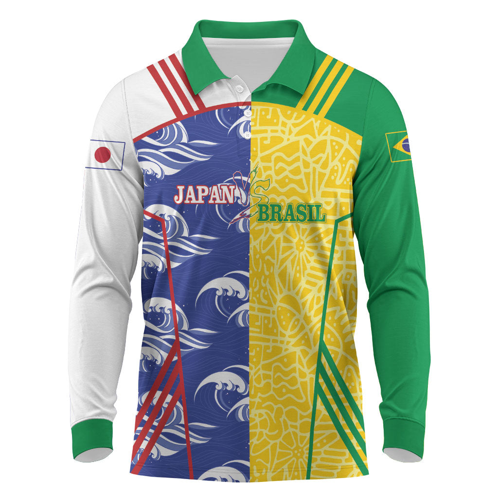 Custom Brazil and Japan Football 2026 Long Sleeve Polo Shirt Selecao Samurai Blue Together