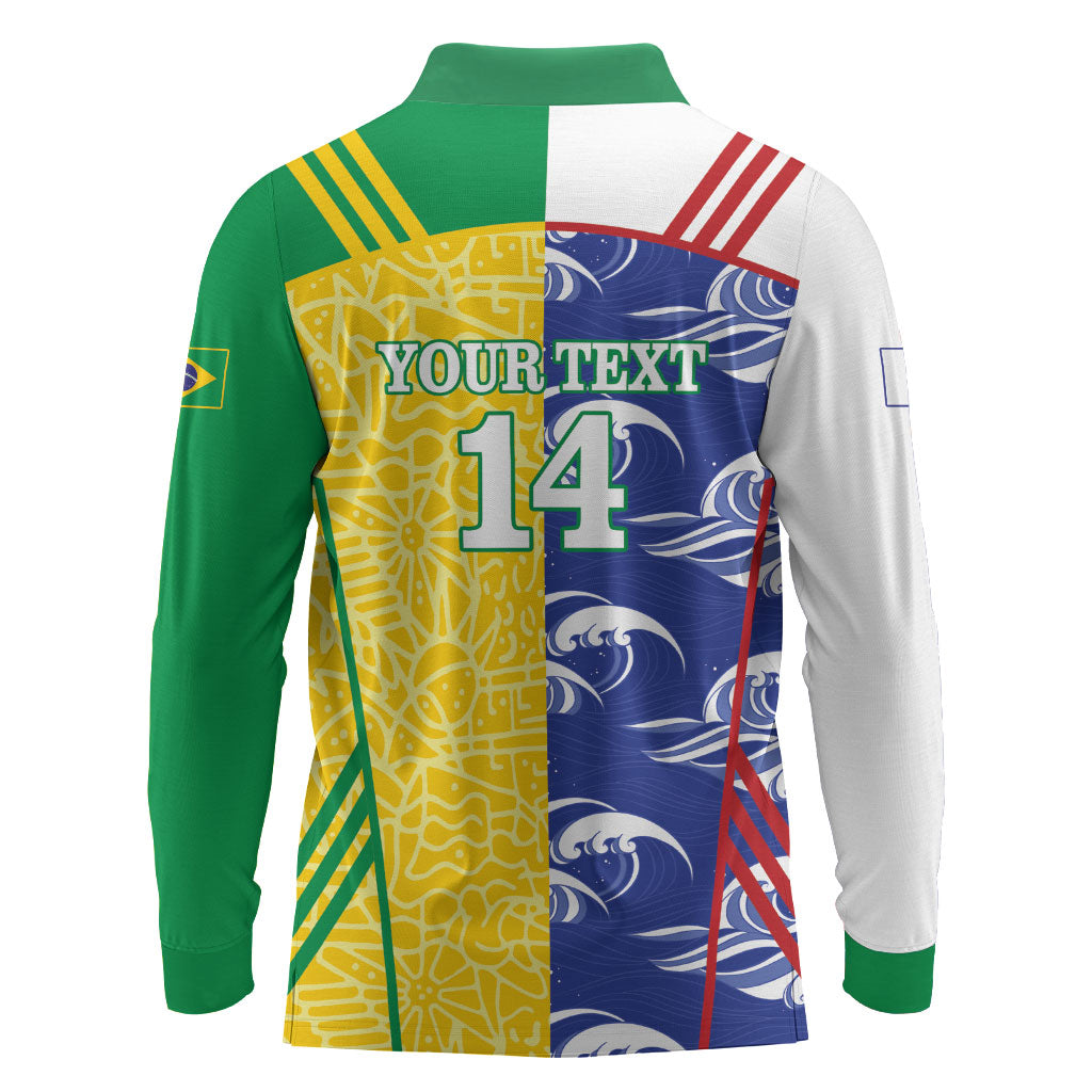 Custom Brazil and Japan Football 2026 Long Sleeve Polo Shirt Selecao Samurai Blue Together