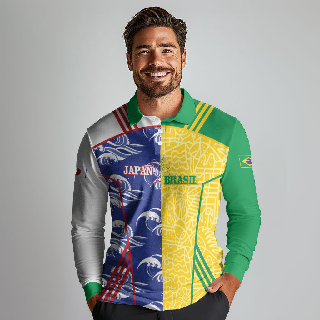 Custom Brazil and Japan Football 2026 Long Sleeve Polo Shirt Selecao Samurai Blue Together