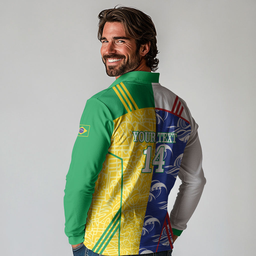Custom Brazil and Japan Football 2026 Long Sleeve Polo Shirt Selecao Samurai Blue Together
