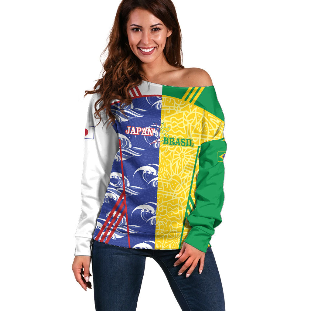 Custom Brazil and Japan Football 2026 Off Shoulder Sweater Selecao Samurai Blue Together