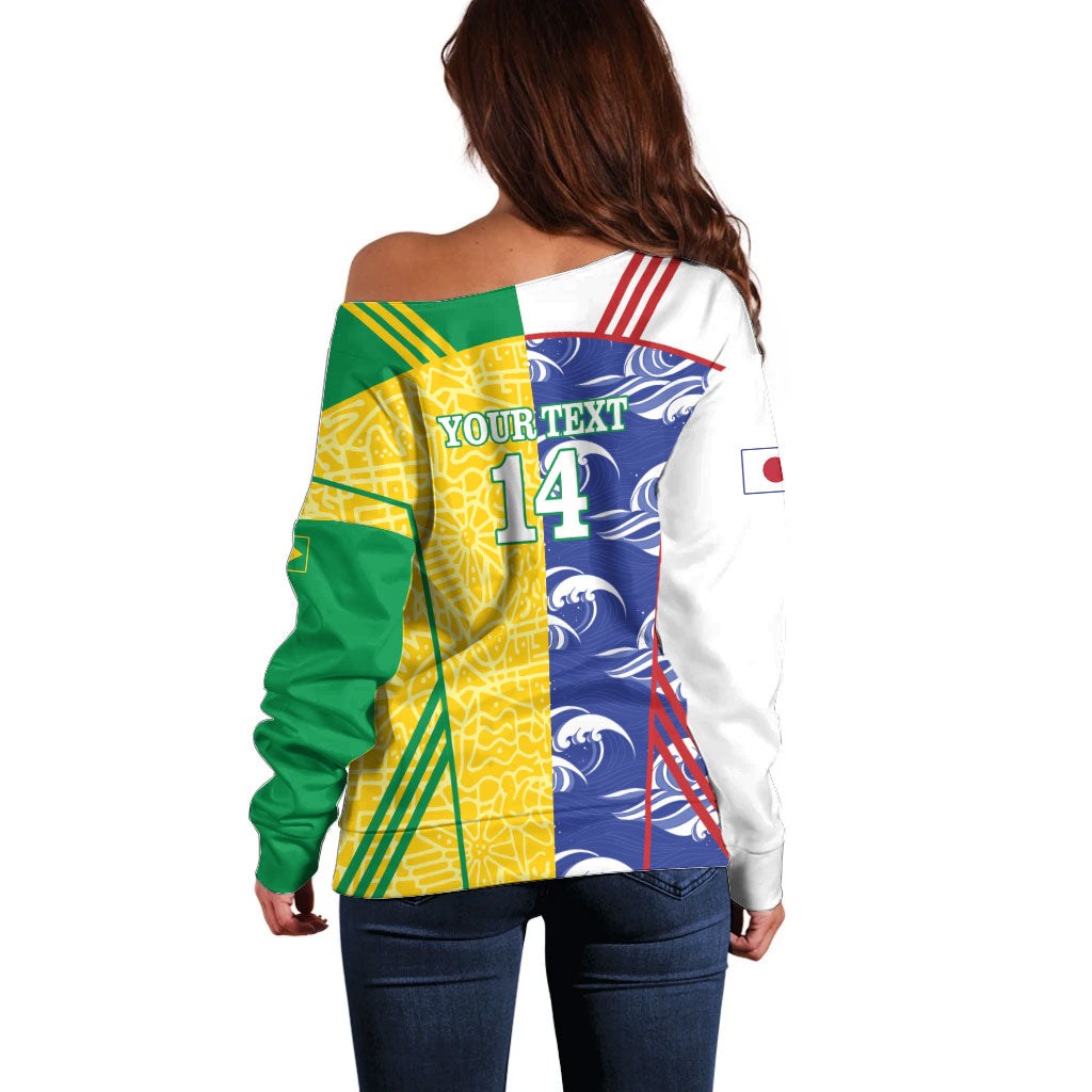 Custom Brazil and Japan Football 2026 Off Shoulder Sweater Selecao Samurai Blue Together
