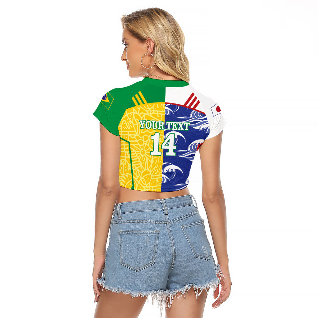 Custom Brazil and Japan Football 2026 Raglan Cropped T Shirt Selecao Samurai Blue Together