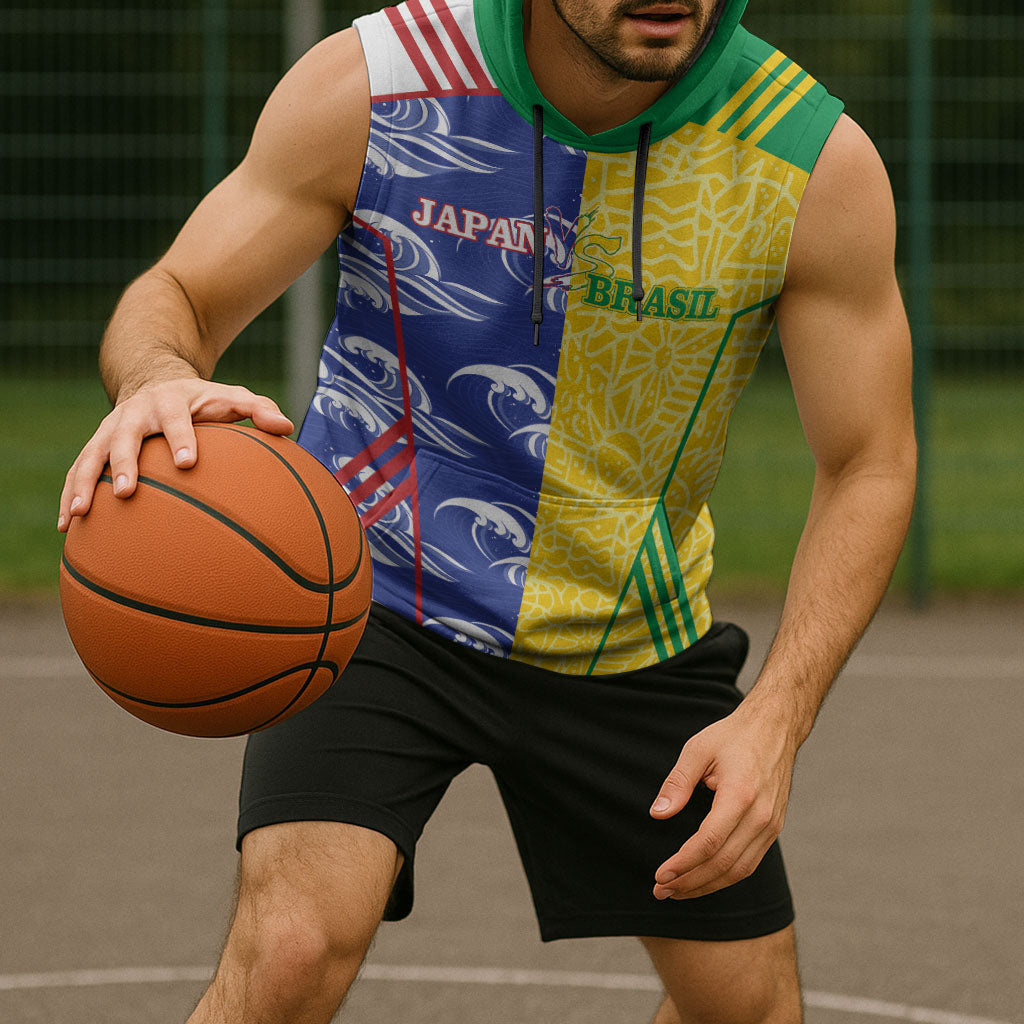 Custom Brazil and Japan Football 2026 Sleeveless Hoodie Selecao Samurai Blue Together