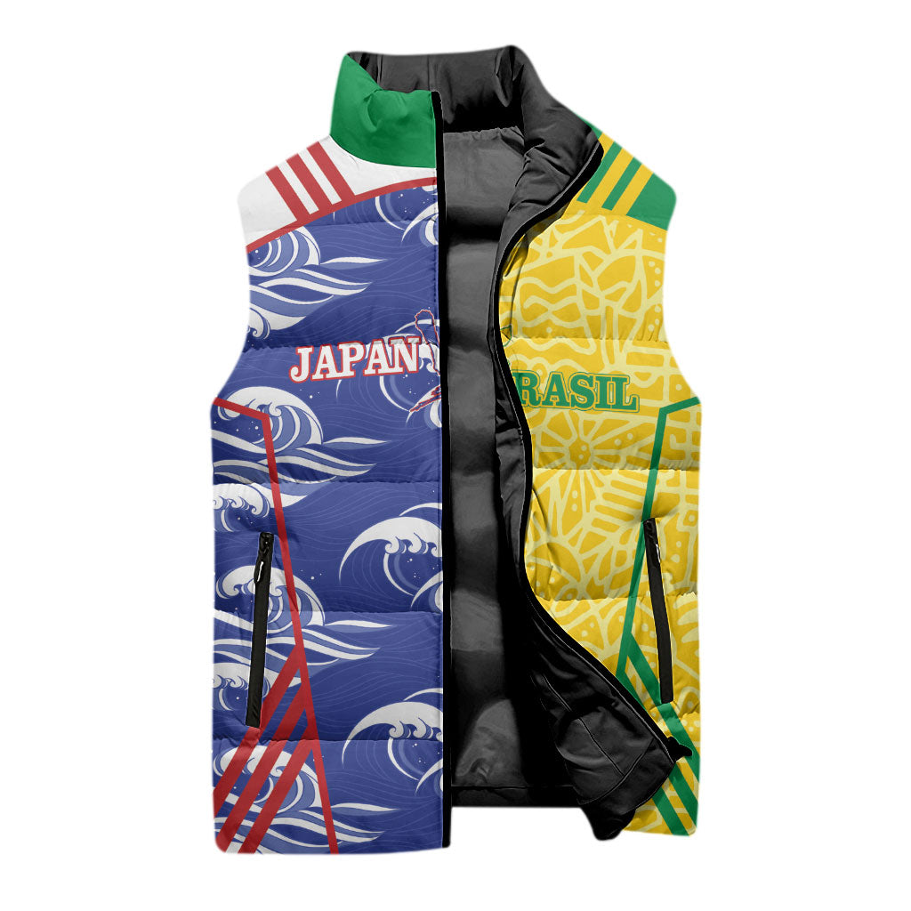 Custom Brazil and Japan Football 2026 Sleeveless Puffer Jacket Selecao Samurai Blue Together