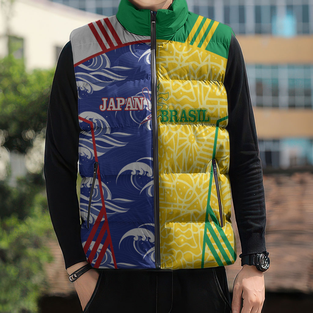 Custom Brazil and Japan Football 2026 Sleeveless Puffer Jacket Selecao Samurai Blue Together