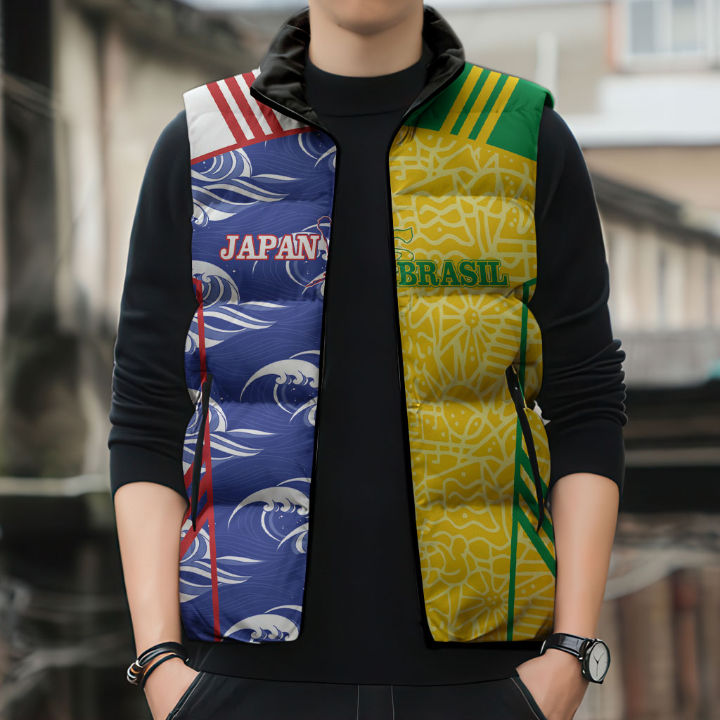 Custom Brazil and Japan Football 2026 Sleeveless Puffer Jacket Selecao Samurai Blue Together