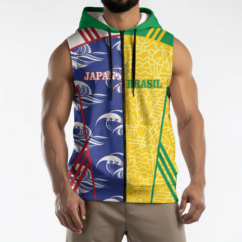 Custom Brazil and Japan Football 2026 Sleeveless Zip Hoodie Selecao Samurai Blue Together