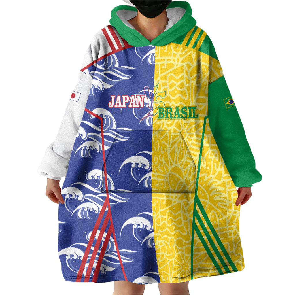 Custom Brazil and Japan Football 2026 Wearable Blanket Hoodie Selecao Samurai Blue Together