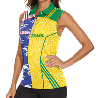 Custom Brazil and Japan Football 2026 Women Sleeveless Polo Shirt Selecao Samurai Blue Together