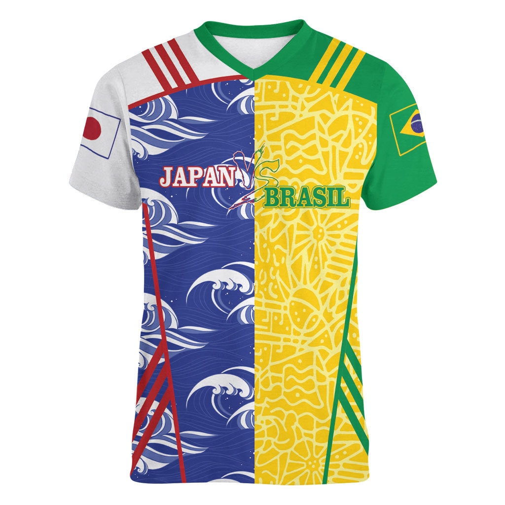 Custom Brazil and Japan Football 2026 Women V-Neck T-Shirt Selecao Samurai Blue Together
