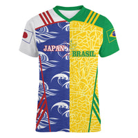 Custom Brazil and Japan Football 2026 Women V-Neck T-Shirt Selecao Samurai Blue Together