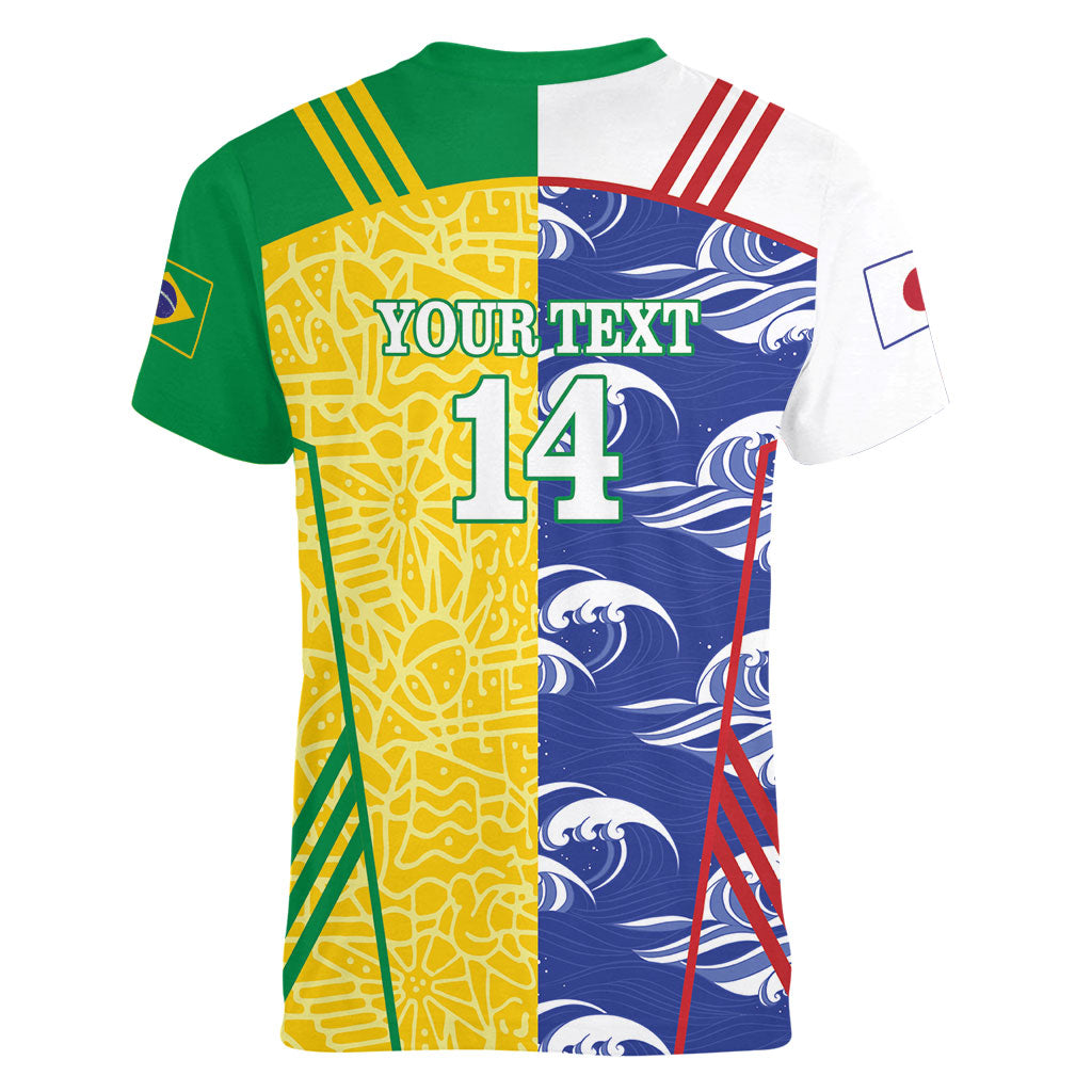 Custom Brazil and Japan Football 2026 Women V-Neck T-Shirt Selecao Samurai Blue Together