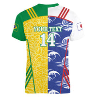 Custom Brazil and Japan Football 2026 Women V-Neck T-Shirt Selecao Samurai Blue Together