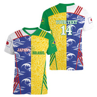 Custom Brazil and Japan Football 2026 Women V-Neck T-Shirt Selecao Samurai Blue Together