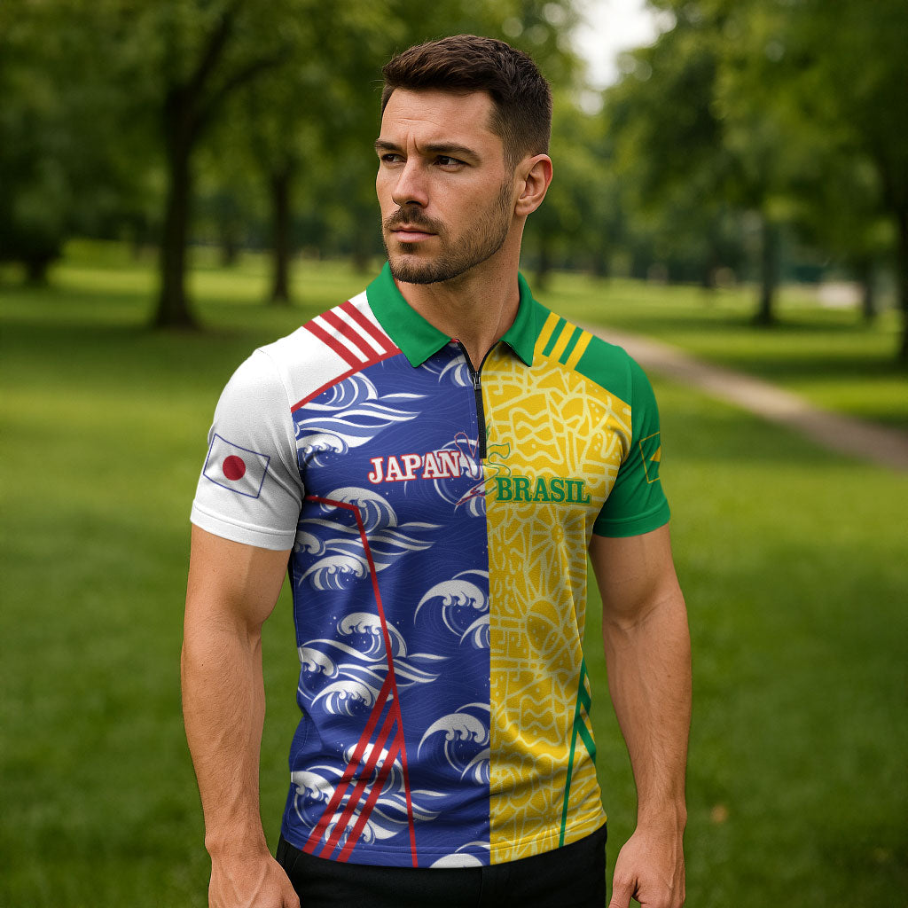 Custom Brazil and Japan Football 2026 Zipper Polo Shirt Selecao Samurai Blue Together