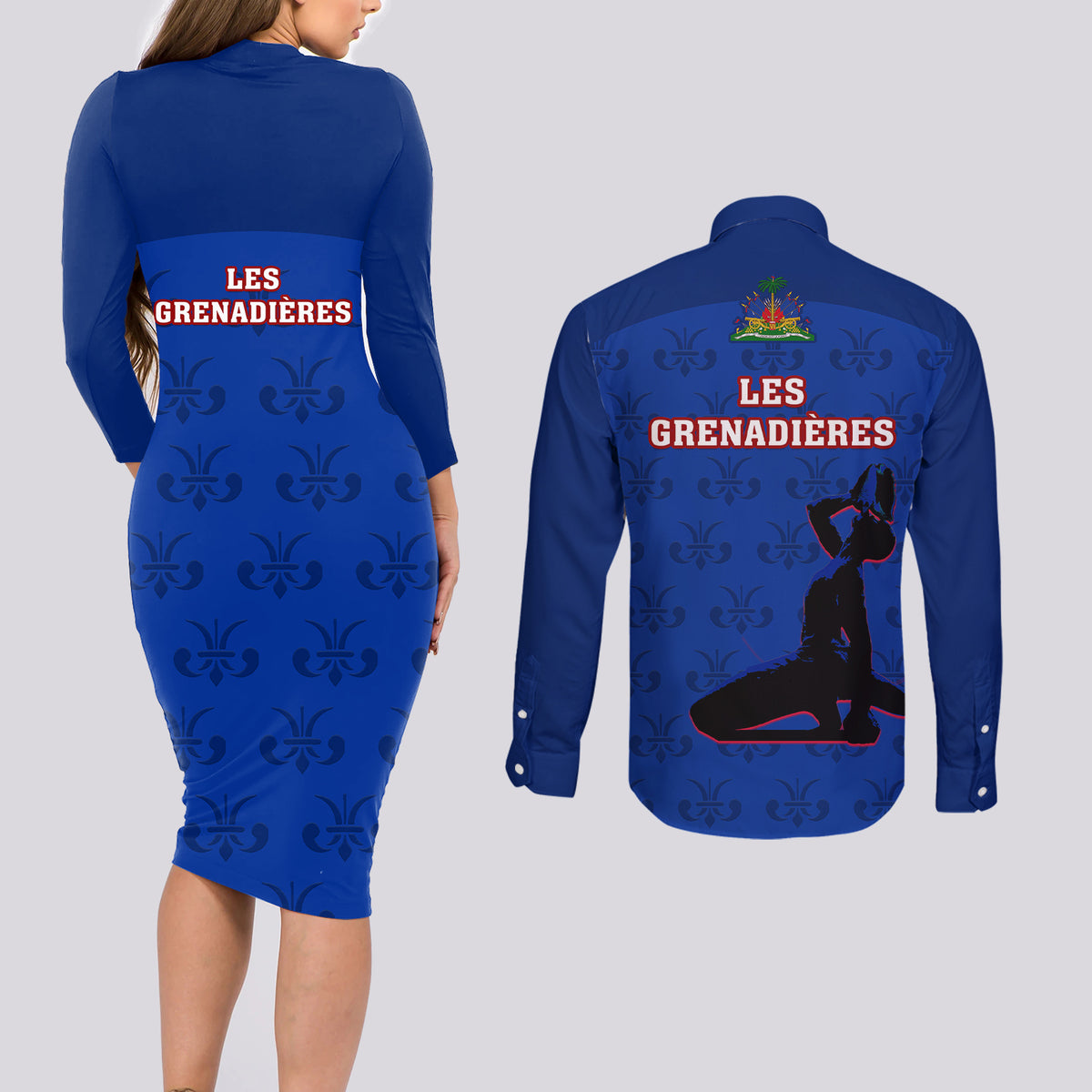 Haiti Football Couples Matching Long Sleeve Bodycon Dress and Long Sleeve Button Shirts Les Grenadieres 2023 World Cup Blue Version - Wonder Print Shop