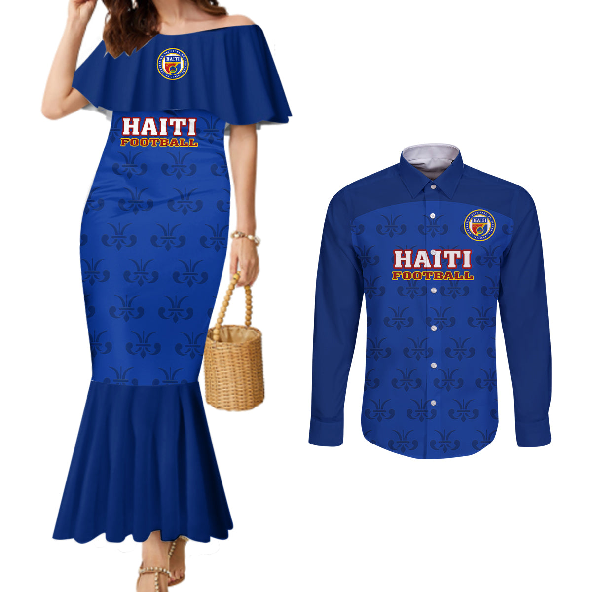 haiti-football-couples-matching-mermaid-dress-and-long-sleeve-button-shirts-les-grenadieres-2023-world-cup-blue-version