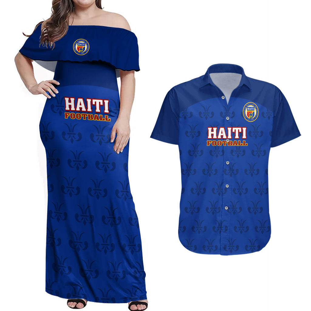 haiti-football-couples-matching-off-shoulder-maxi-dress-and-hawaiian-shirt-les-grenadieres-2023-world-cup-blue-version