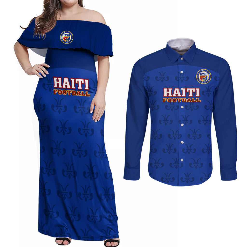 haiti-football-couples-matching-off-shoulder-maxi-dress-and-long-sleeve-button-shirts-les-grenadieres-2023-world-cup-blue-version
