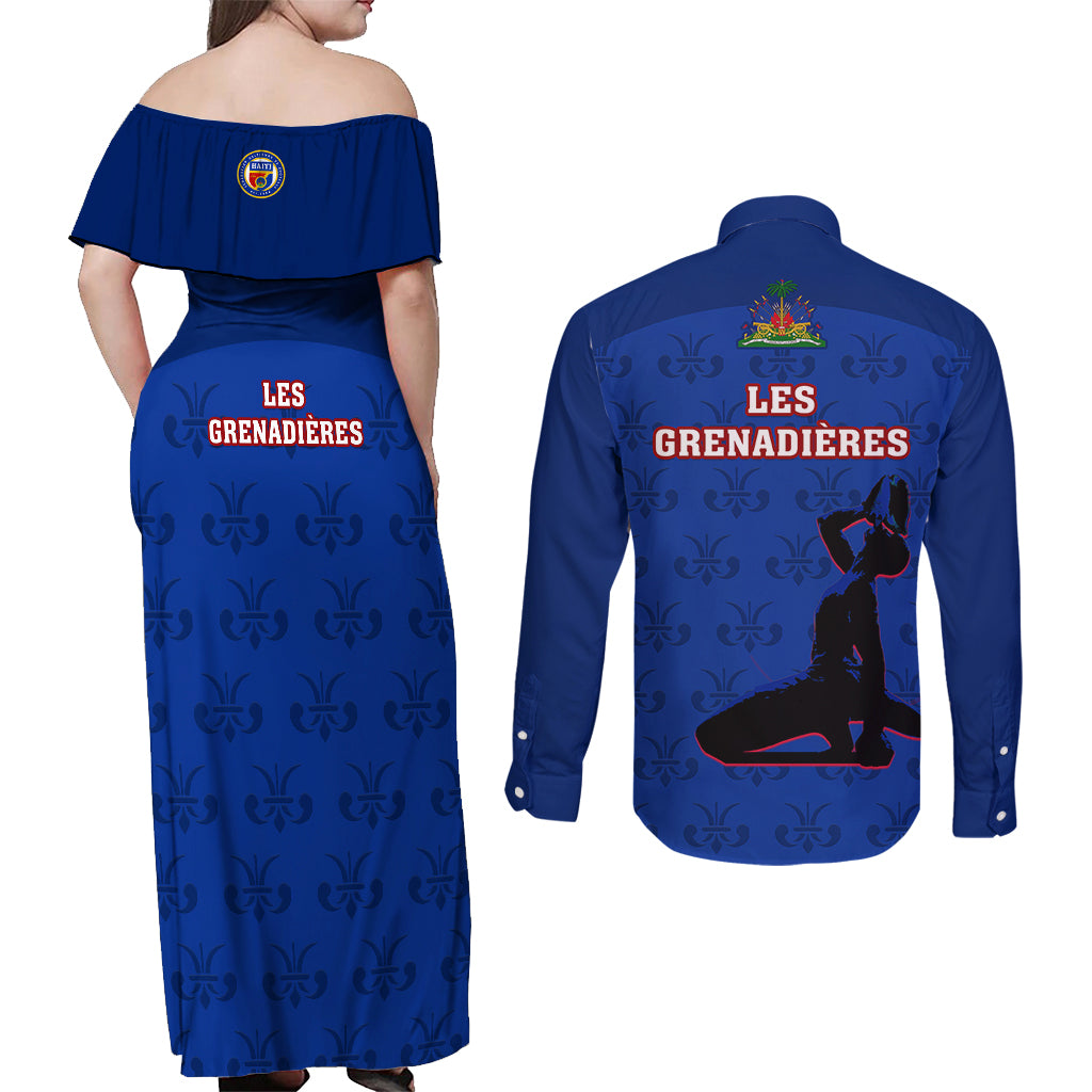 Haiti Football Couples Matching Off Shoulder Maxi Dress and Long Sleeve Button Shirts Les Grenadieres 2023 World Cup Blue Version - Wonder Print Shop