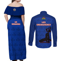 Haiti Football Couples Matching Off Shoulder Maxi Dress and Long Sleeve Button Shirts Les Grenadieres 2023 World Cup Blue Version - Wonder Print Shop