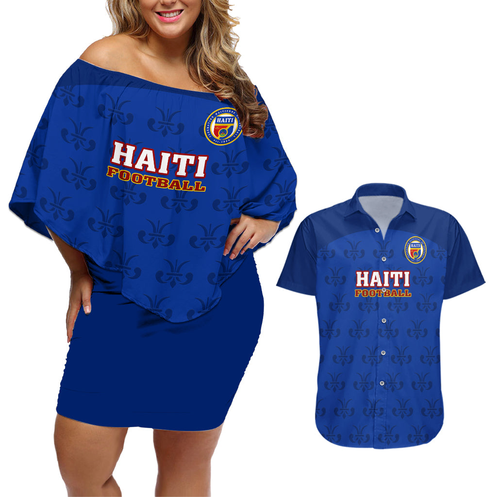 haiti-football-couples-matching-off-shoulder-short-dress-and-hawaiian-shirt-les-grenadieres-2023-world-cup-blue-version