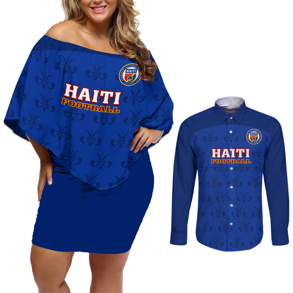 haiti-football-couples-matching-off-shoulder-short-dress-and-long-sleeve-button-shirts-les-grenadieres-2023-world-cup-blue-version