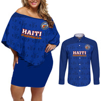 Haiti Football Couples Matching Off Shoulder Short Dress and Long Sleeve Button Shirts Les Grenadieres 2023 World Cup Blue Version - Wonder Print Shop