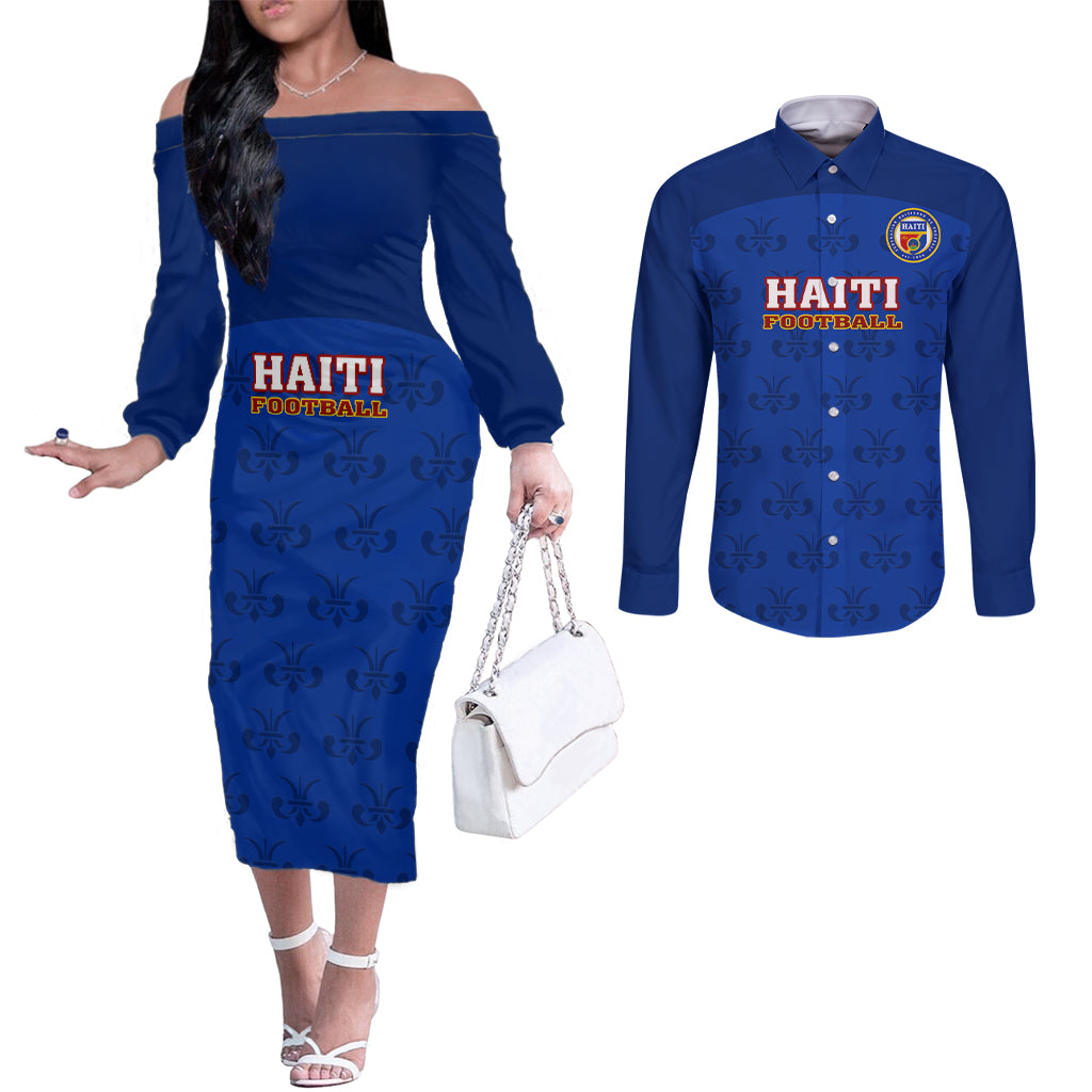 haiti-football-couples-matching-off-the-shoulder-long-sleeve-dress-and-long-sleeve-button-shirts-les-grenadieres-2023-world-cup-blue-version
