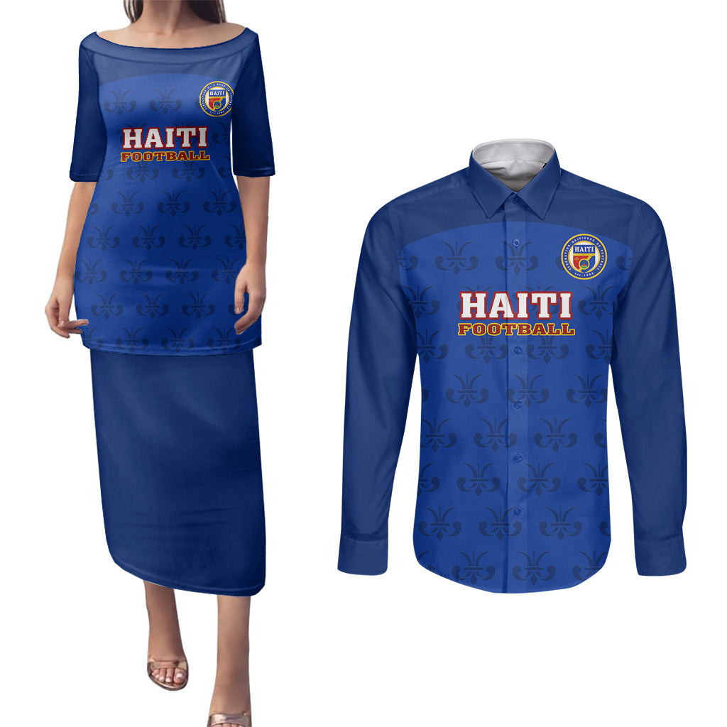 haiti-football-couples-matching-puletasi-dress-and-long-sleeve-button-shirts-les-grenadieres-2023-world-cup-blue-version