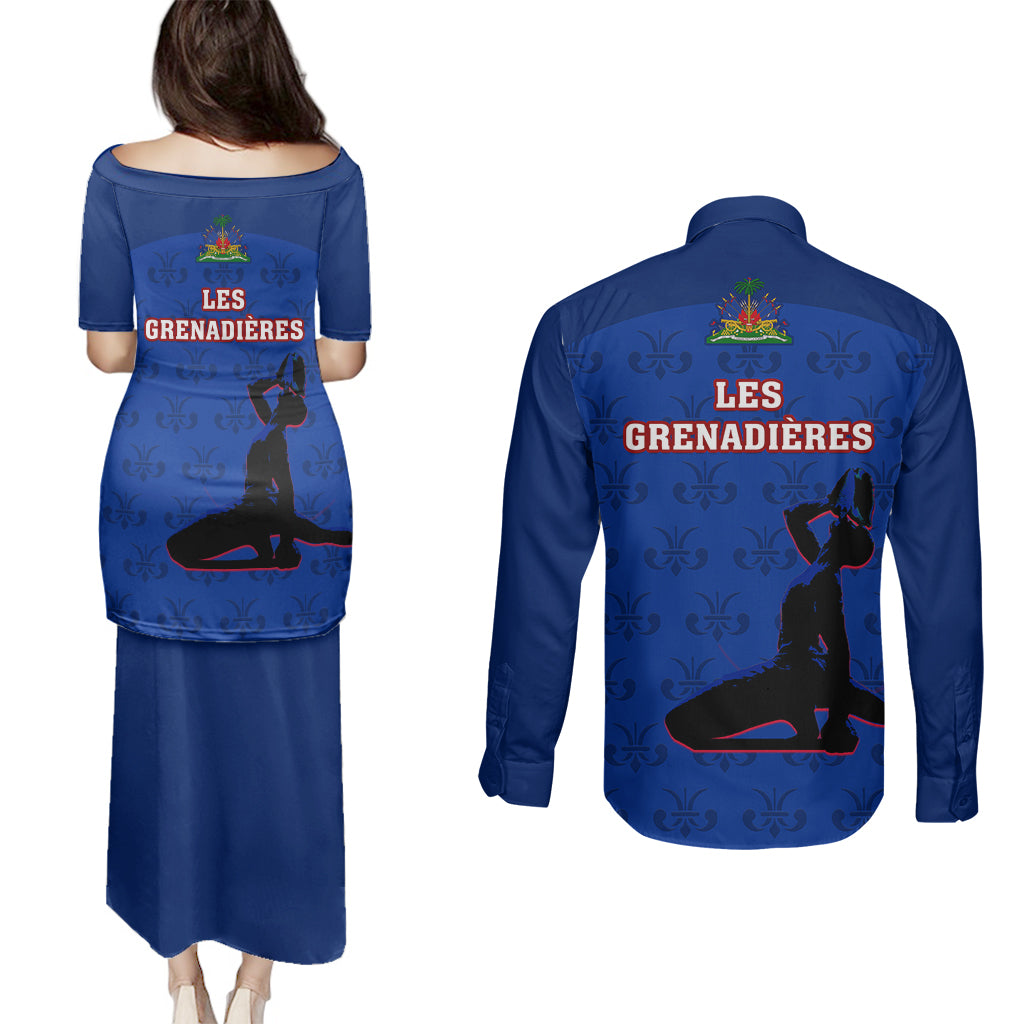 Haiti Football Couples Matching Puletasi Dress and Long Sleeve Button Shirts Les Grenadieres 2023 World Cup Blue Version - Wonder Print Shop