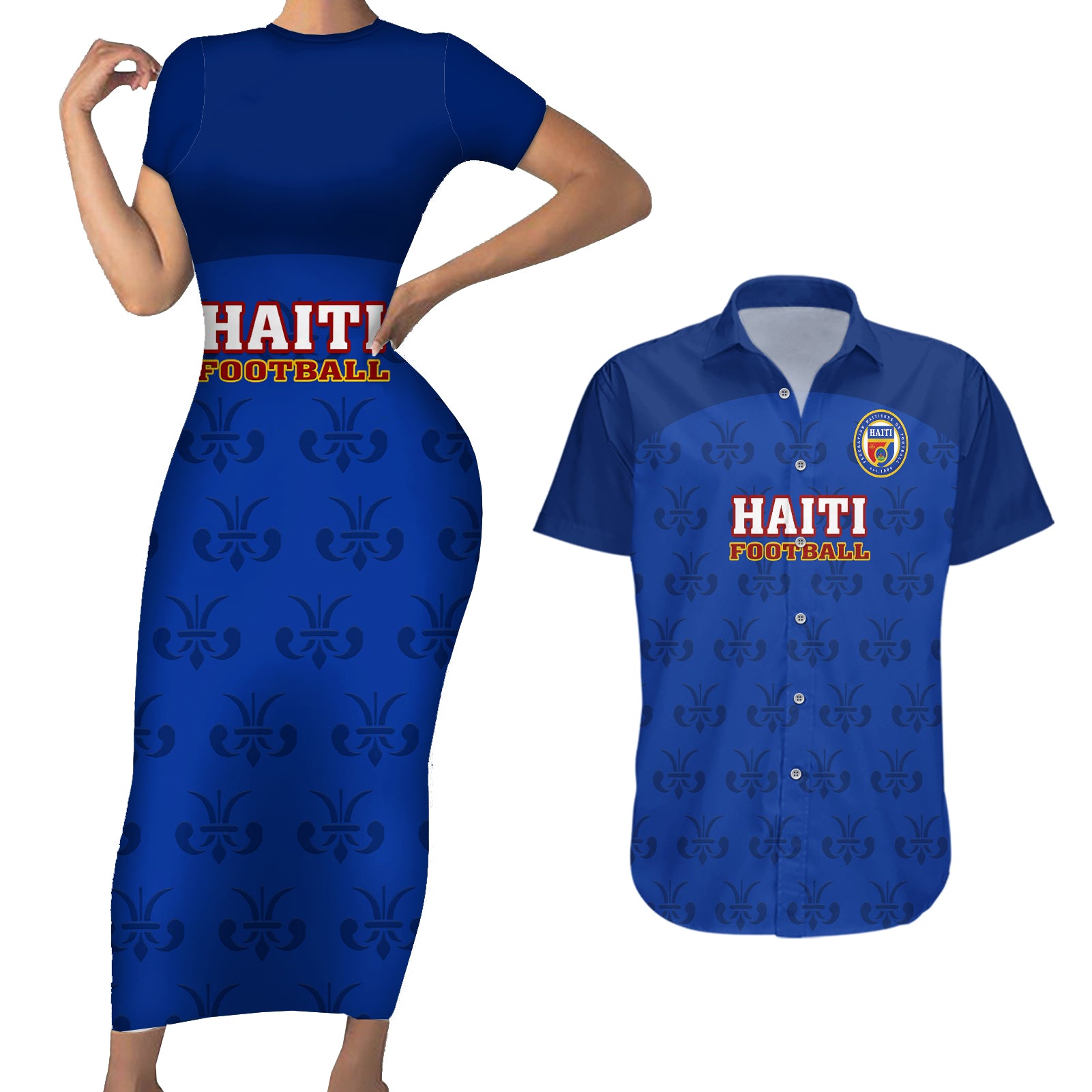 haiti-football-couples-matching-short-sleeve-bodycon-dress-and-hawaiian-shirt-les-grenadieres-2023-world-cup-blue-version