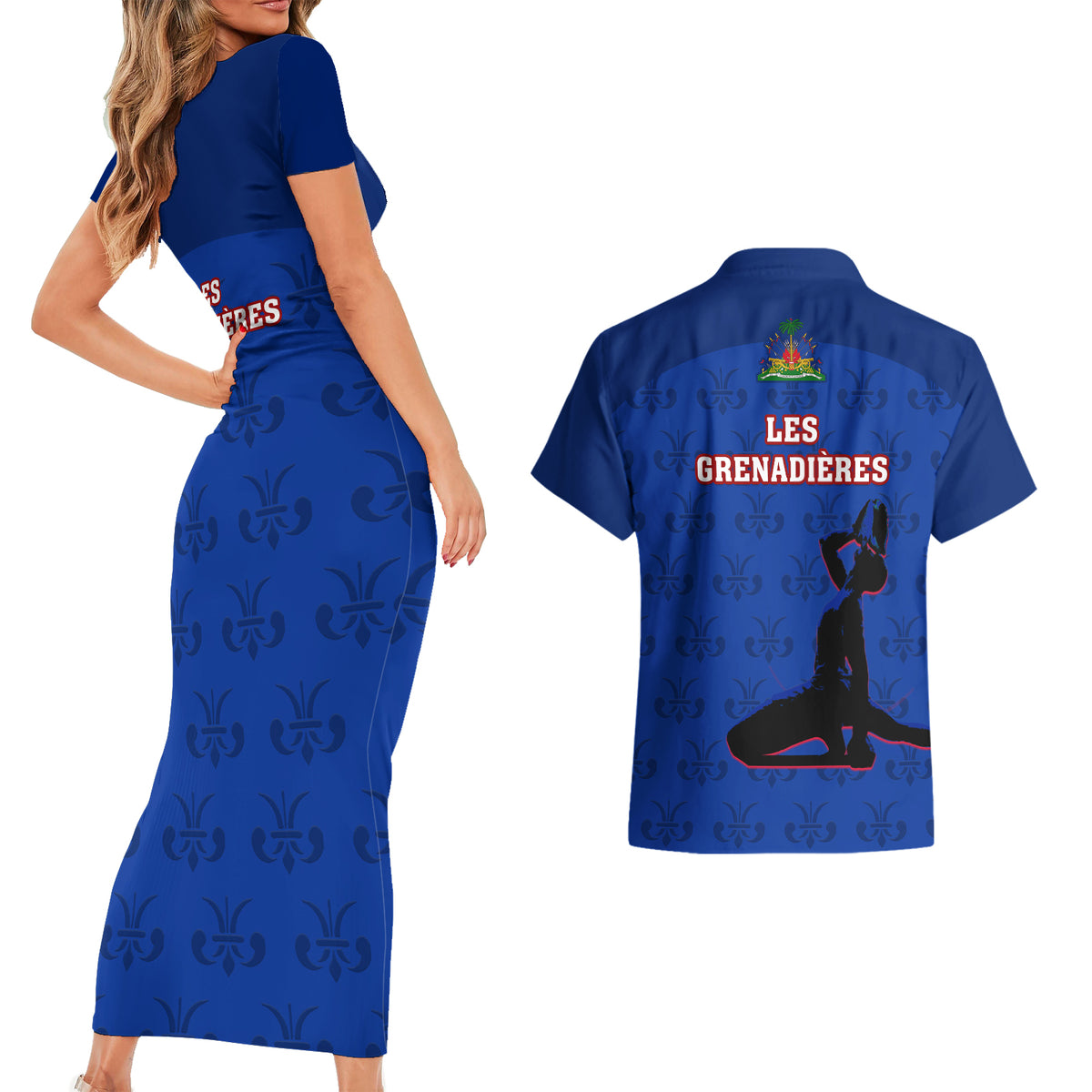 Haiti Football Couples Matching Short Sleeve Bodycon Dress and Hawaiian Shirt Les Grenadieres 2023 World Cup Blue Version - Wonder Print Shop