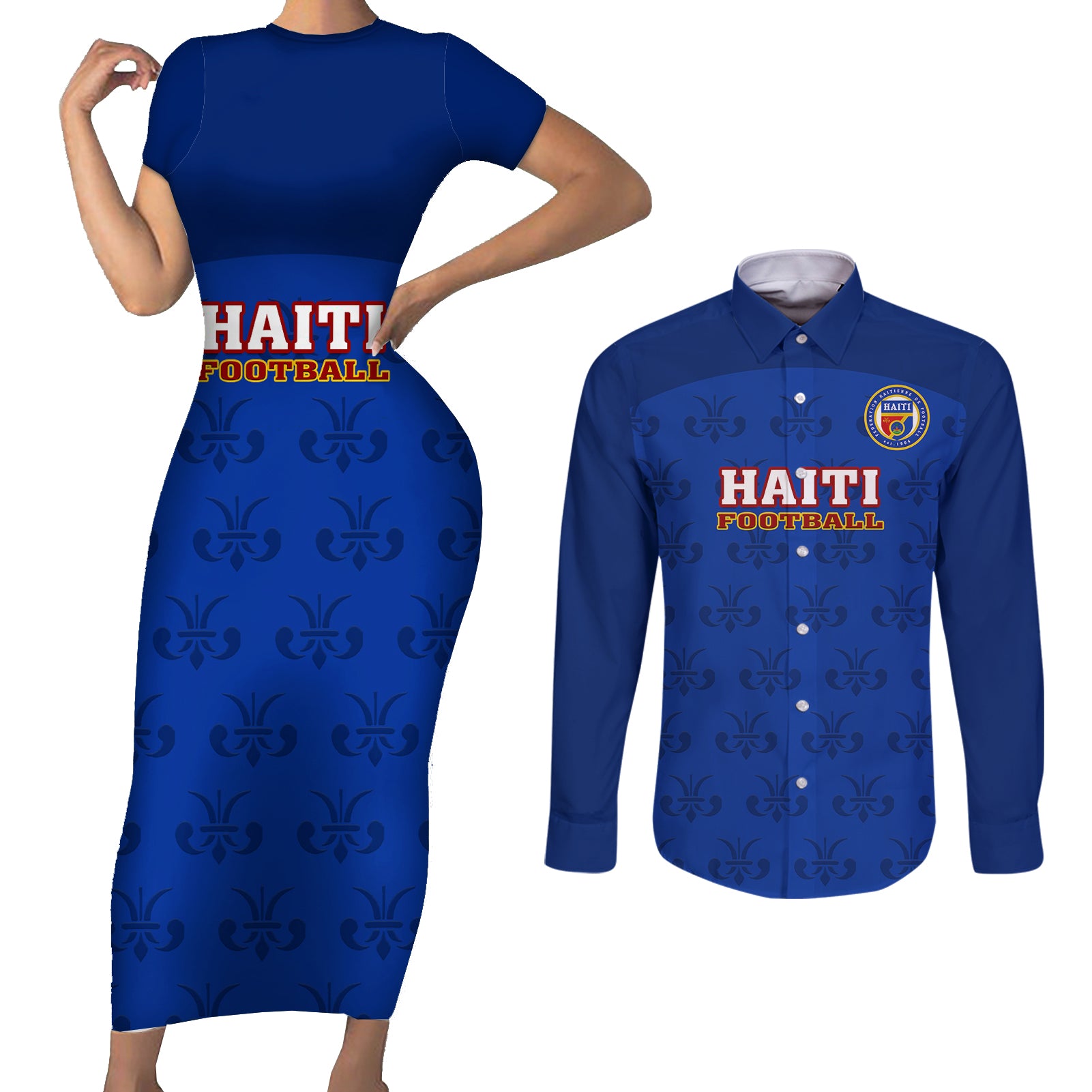 haiti-football-couples-matching-short-sleeve-bodycon-dress-and-long-sleeve-button-shirts-les-grenadieres-2023-world-cup-blue-version