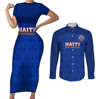 Haiti Football Couples Matching Short Sleeve Bodycon Dress and Long Sleeve Button Shirts Les Grenadieres 2023 World Cup Blue Version - Wonder Print Shop