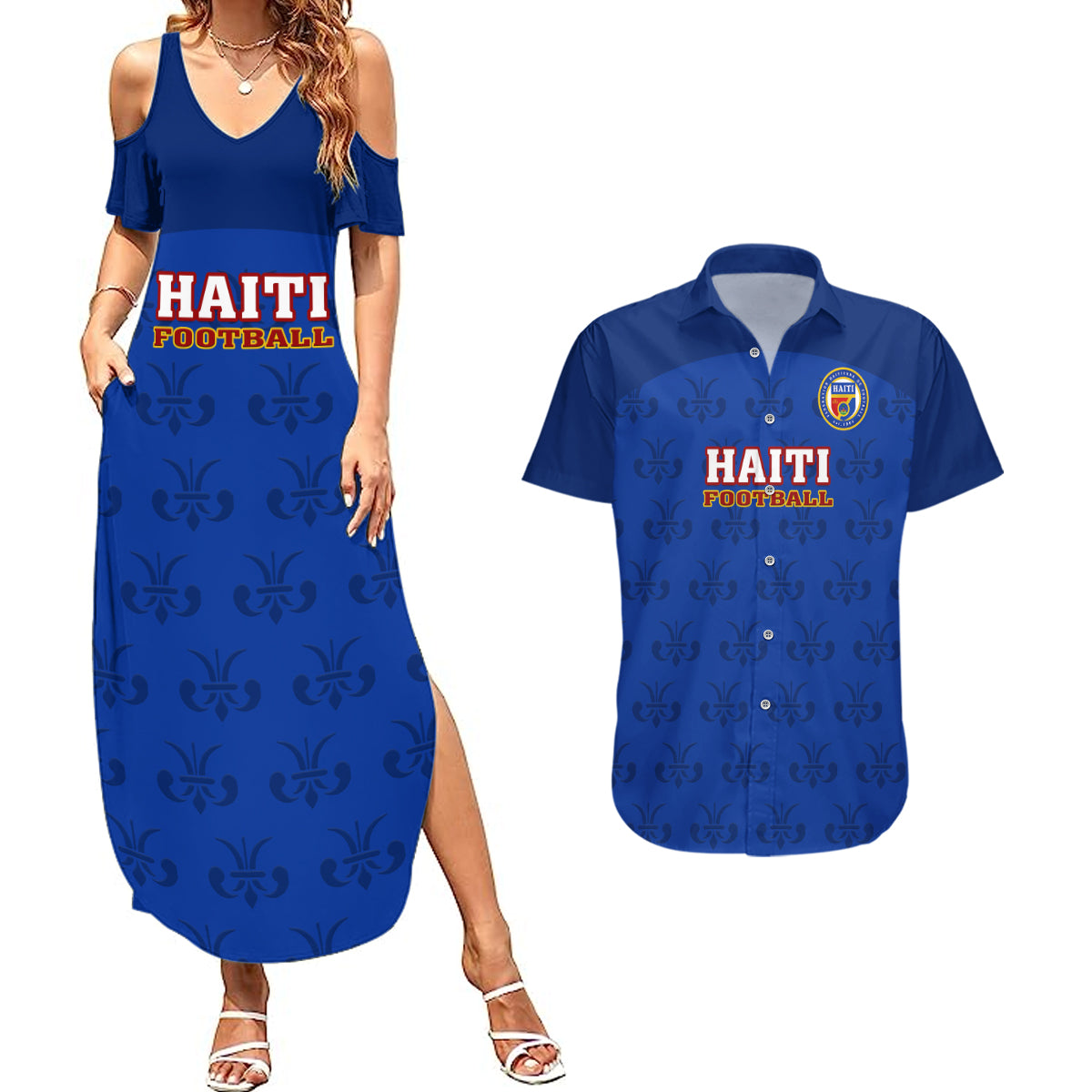 haiti-football-couples-matching-summer-maxi-dress-and-hawaiian-shirt-les-grenadieres-2023-world-cup-blue-version